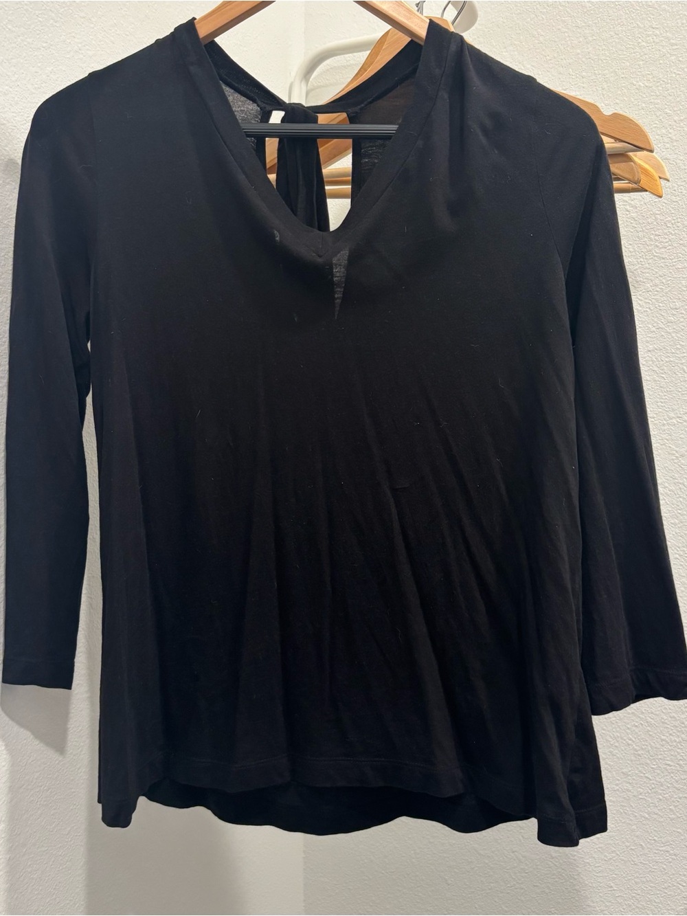 LOFT Black Long-Sleeve V-Neck Top with Back Tie Detail